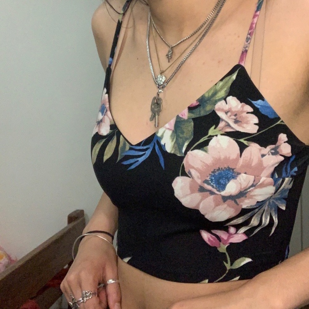 Black Floral Cropped Cami w/ Low Back